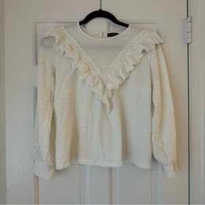 White/Cream Ruffle-trim honeycomb-knit cotton top size small